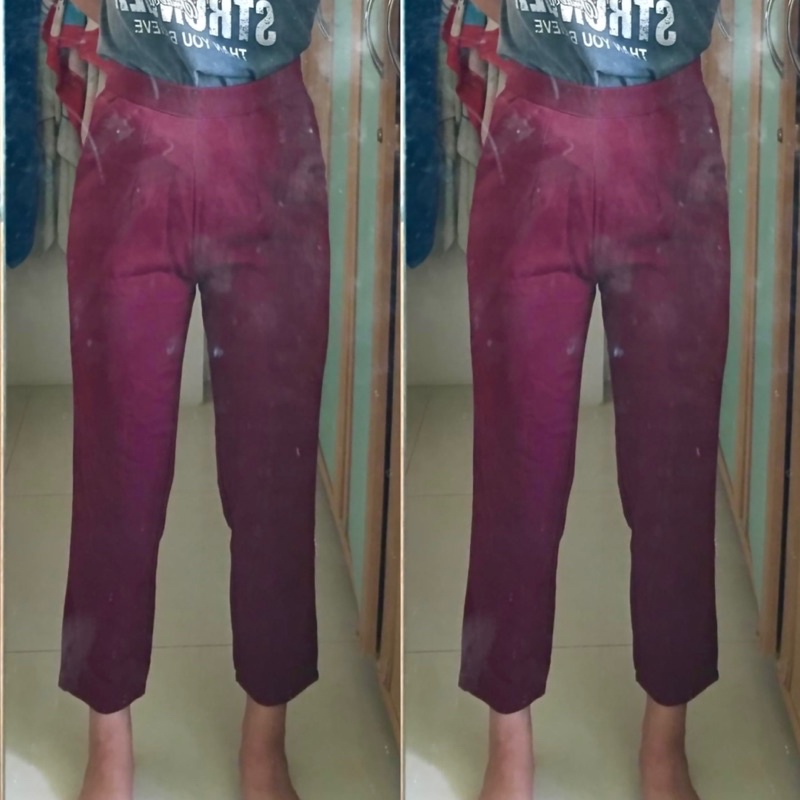 กางเกงขายาว7-8ส่วนมีแดงเลือดหมูผ้าโรเชฟ งานซิบหลัง ป้ายTOPONE PETITE