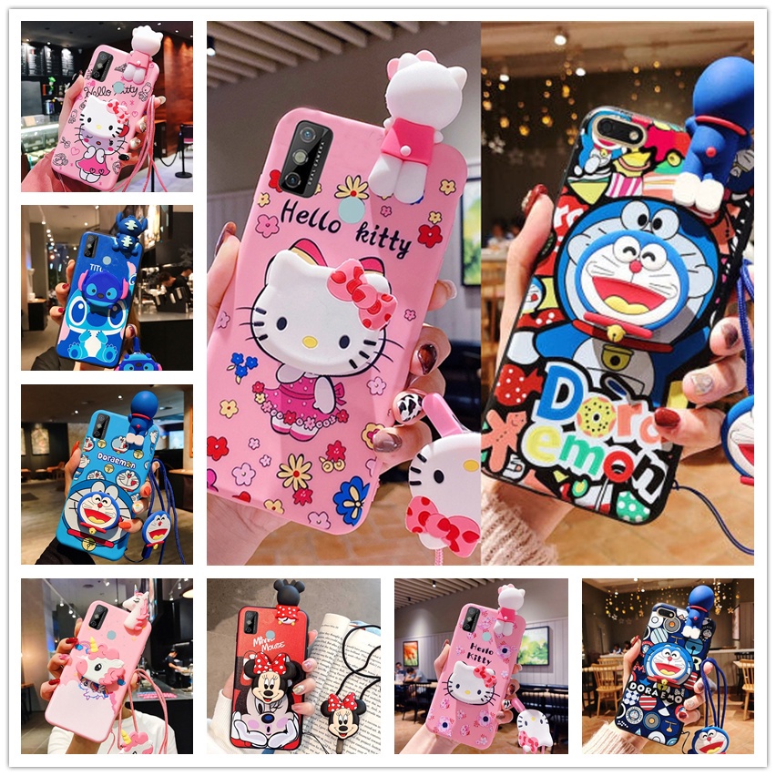 VIVO Y11 Y12 Y15 Y17 Y15s Y15a Y20 Y20i Y20s Y12a Y12s 三维 Hello Kitty & Stitch & Doraemon & Unicorn เคสโทรศัพท์ซิลิโคนอ่อนนุ่มเคสโทรศัพท์พร้อมขาตั้งเคสยาวเชือกเส้นเล็ก