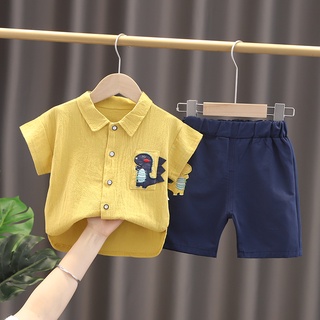 ชุดเด็กชายและเด็กหญิงฤดูร้อน เสื้อเชิ้ตแขนสั้นลายการ์ตูนไดโนเสาร์ กางเกงขาสั้นสีทึบ
