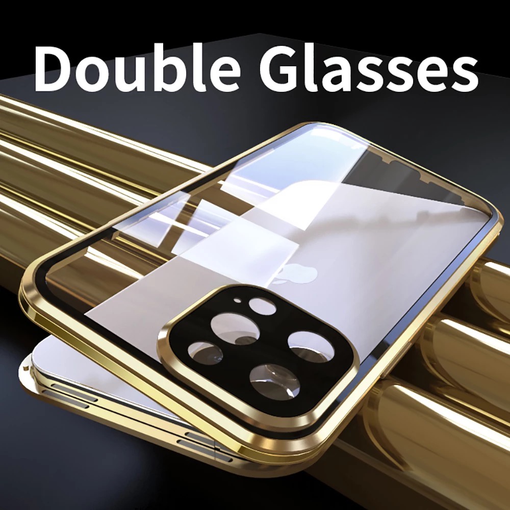 เคสโทรศัพท์มือถือกระจก กรอบโลหะ สองด้าน ป้องกันเลนส์กล้อง สําหรับ iPhone 13 12 11 Pro X XS Max 8 7 6S Plus 13Mini 12Mini