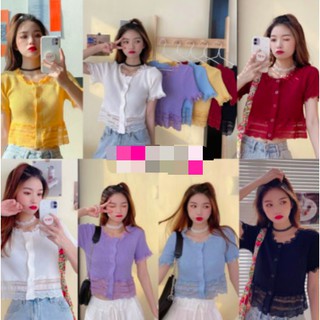 *พร้อมส่ง*เสื้อครอปแขนสั้นกระดุมหน้าคอบลูกไม้เซ็กซี่น่ารักNO.9888