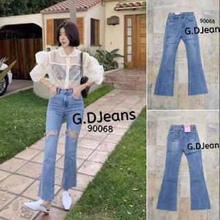 G.D.Jeans รุ่น 90068 กางเกงยีนส์ขายาวผ้ายืดสียีนส์ทรงขาม้าแต่งขาด