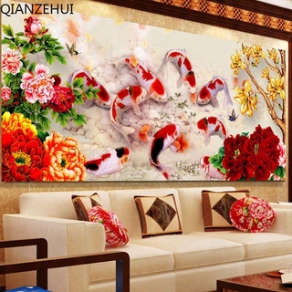 QIANZEHUI,DIY Diamond Embroidery,Round Diamond Nine fish Chalet Full 5D Diamond painting cross stitch,needlework