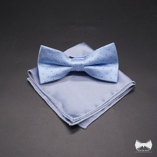 เซ็ทหูกระต่ายสีฟ้าลายจุด + ผ้าเช็ดหน้าสูท-Blue Bowtie + Pocket square