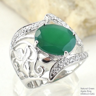 SKJewelryFactory แหวนดีไซน์ ลายใบไม้ เงินแท้ 92.5% ฝังพลอยกรีนอะเกทแท้ ER00123-GAG