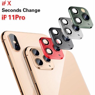 สติกเกอร์หรูหราสำหรับ iPhone X XR XS MAX 11 12 วินาทีเปลี่ยนเป็น 11 Pro MAX 12 pro 13 กลับดัดแปลงสติกเกอร์กล้องปลอมฝาครอบเลนส์กระจกโลหะ