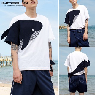 ❏△▨Incerun เสื้อยืดลําลอง แขนสั้น ลายปลาวาฬ ทรงหลวม สําหรับผู้ชาย