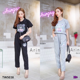 TwinsShopVip💗พร้อมส่ง TW5038 Set เสื้อเจาะห่วงร้อยเชือก+กางเกงขายาว