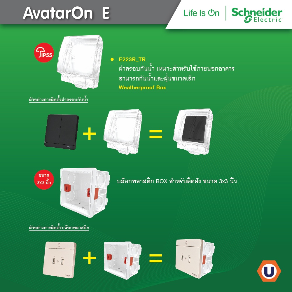 Schneider : ชุดสวิตซ์ทางเดียว 4 ตัว สีขาว รุ่น AvatarOn E, 16AX, 250V, 4 Gang 1 Way Switch, White