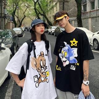 เสื้อยืดแขนสั้นลําลอง ทรงหลวม พิมพ์ลาย Tom and Jerry ขนาดใหญ่ สไตล์เกาหลี สําหรับคู่รัก