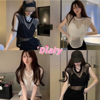 diry(E235)เสื้อตาข่ายแขนกุด คอกลม ดีเทลแต่งโซ่เก๋ๆ เสื้อถักเซ็กซี่