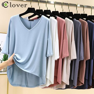 เสื้อยืด oversize เสื้อยืดหญิง สีพื้น คอวี บางเฉียบหลวมๆระบายอากาศ Modal Elbow Length Sleeves T-shirt 2103