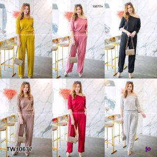 TW10677  Set 2 ชิ้น #สาวอวบ เสื้อคอปาดแขนสามส่วน กับกางเกงขายาวทรงขากระบอก