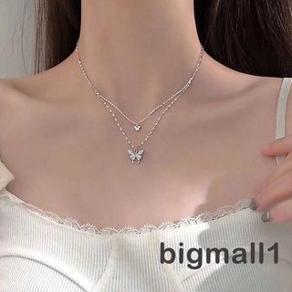 Bigmall- สร้อยคอโซ่สองชั้น จี้ผีเสื้อ ประดับพลอยเทียม เครื่องประดับ สําหรับผู้หญิง