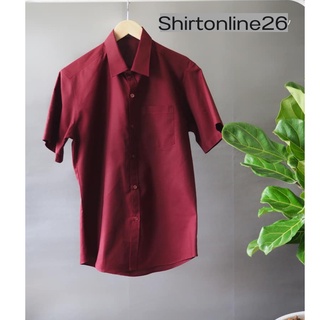 เสื้อเชิ้ตผู้ชาย ผ้า COTTON สีเเดงเบอร์กันดี้ ทรงสวย ใส่สบาย เเขนสั้น ทรงพอดีตัว M - 4XL พร้อมส่ง