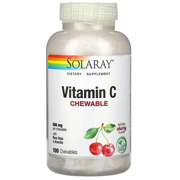 Solaray, Vitamin C Chewable, Natural Cherry, 500 mg, 100 Chewable วิตามินซี+โรสฮิป+อะเซโรลาเชอรี่ เสริมภูมิคุ้มกัน