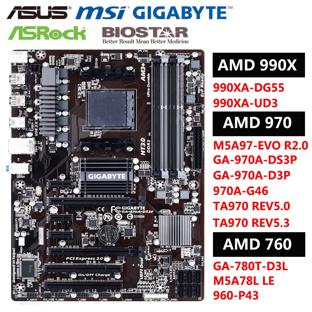 เมนบอร์ด ASUS Gigabyte MSI AMD 760 860 960 970 990X DDR3 USB2.0 SATA2 สําหรับ FX Phenom II Athlon II AM3+ CPU