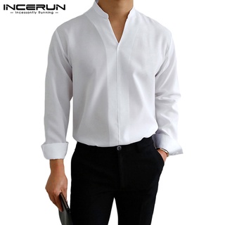 Incerun เสื้อเชิ้ตแขนยาวคอวีลําลองทรงหลวมสีพื้นสไตล์ญี่ปุ่นสําหรับผู้ชาย