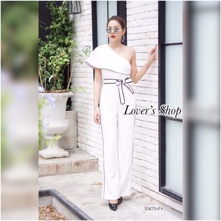 J10473 Jumpsuit จั๊มสูทไหล่เดียวกุ้นขอบดำ + สายผูกเอว