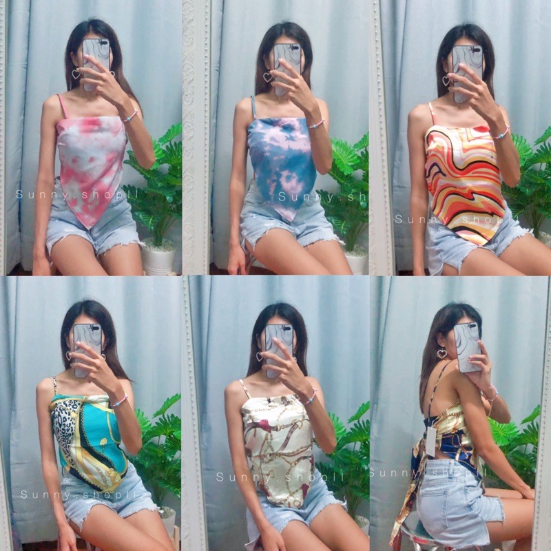🔆Sunny🔆SALE‼️สายเดี่ยวผูกหลัง สายเดี่ยวสามเหลี่ยมลายมัดย้อม/สีพื้น✨น่ารักสดใสสุดๆ💕☀️