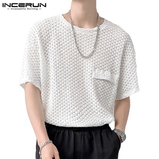 Incerun เสื้อลําลองสําหรับผู้ชายแขนสั้นคอกลมสีโปร่งใสลายเมือง