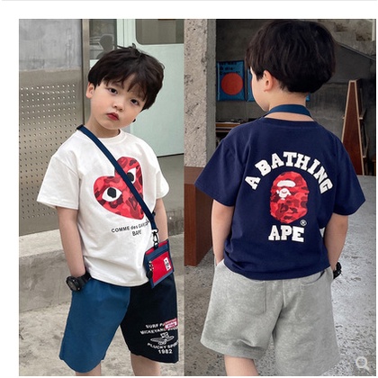 เบ๊บ เสื้อผ้าเด็กฤดูร้อนใหม่พรางเอเป้หัวเด็กชายและเด็กหญิงรักพิมพ์เสื้อยืดแขนสั้น