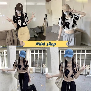 Mini shop🌸พร้อมส่ง🌸(86043) เสื้อครอปไหมพรมแขนสั้น น่ารักผ้านิ่มใส่สบายคิ้วๆ