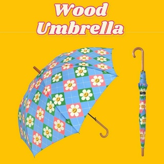 WiggleWiggle Wood Umbrella Smile Argyle / ร่มด้ามไม้ลายดอก ร่มสีฟ้า ป้องกันUV กันฝน