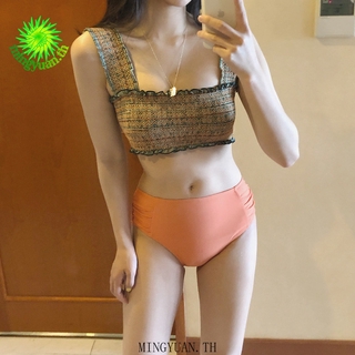 ( Mingyuan ) 2021 The new retro split pleated color matching sling is thin sexy bikini hot spring swimsuit