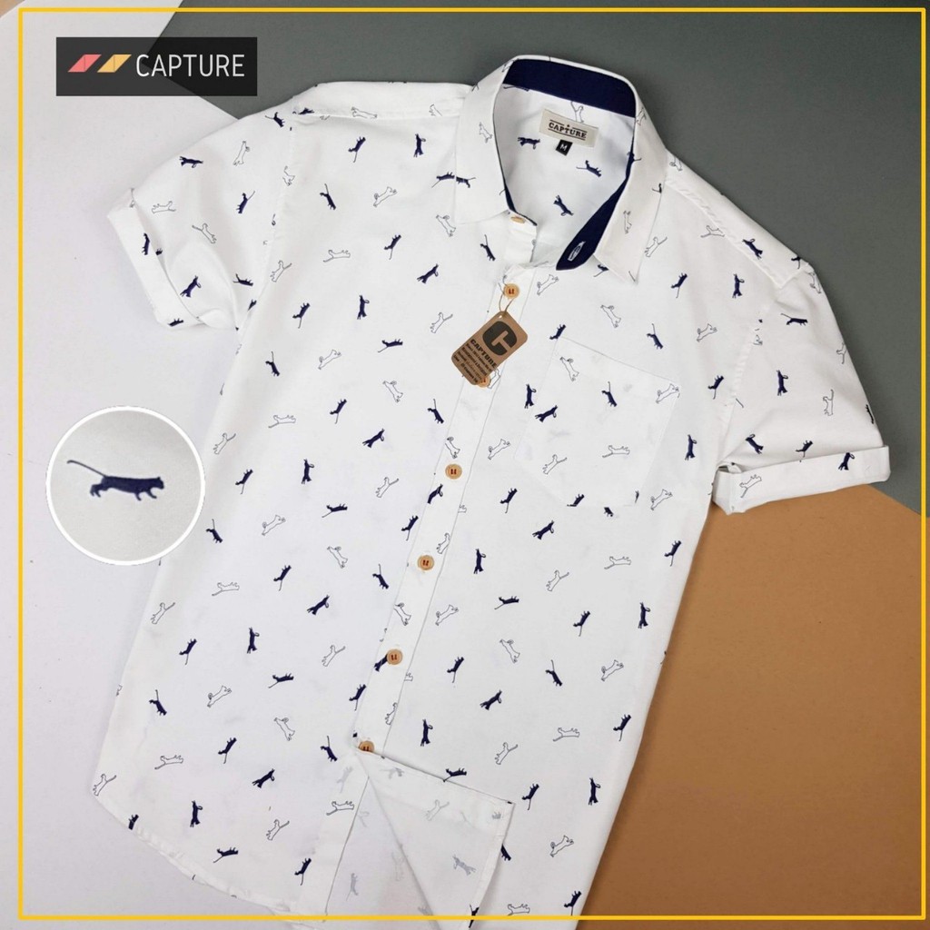 เสื้อเชิ้ตแขนสั้น คอปก ผ้า Oxford ลายจากัวร์ สีขาว มีไซส์ S-4XL