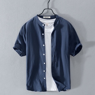 ♠เสื้อลินิน เสื้อเชิ้ตแขนสั้นผู้ชายคอปกตั้ง เสื้อเชิ้ตสีขาวผ้าฝ้ายและลินินหลวมบางฤดูร้อน เสื้อเชิ้ตชายนิ้วเล็กสด ผู้ชาย