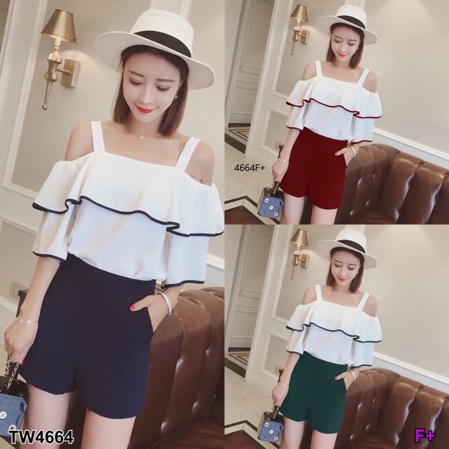 TwinsShopVip💗พร้อมส่ง TW4664 Set เว้าไหล่ระบาย+กางเกง