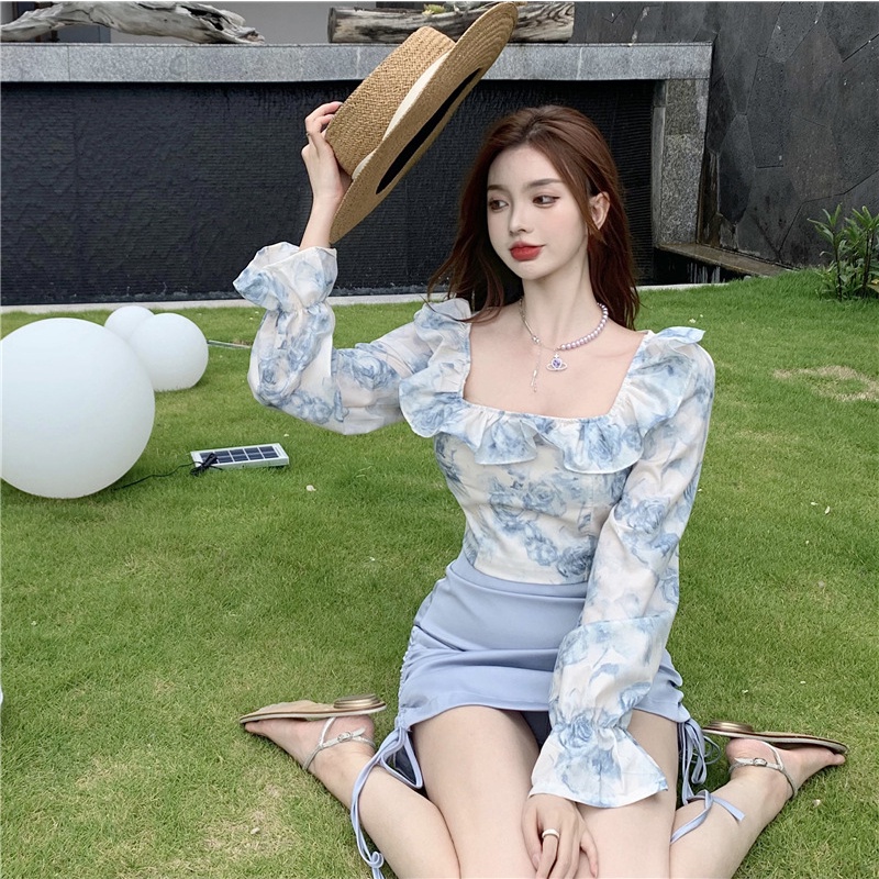 เสื้อครอปแขนยาว แฟชั่น คอเหลี่ยม สีฟ้า สีเทา น่ารักๆ สไตล์คาเฟ่ เกาหลี ท่องเที่ยว พริตตี้