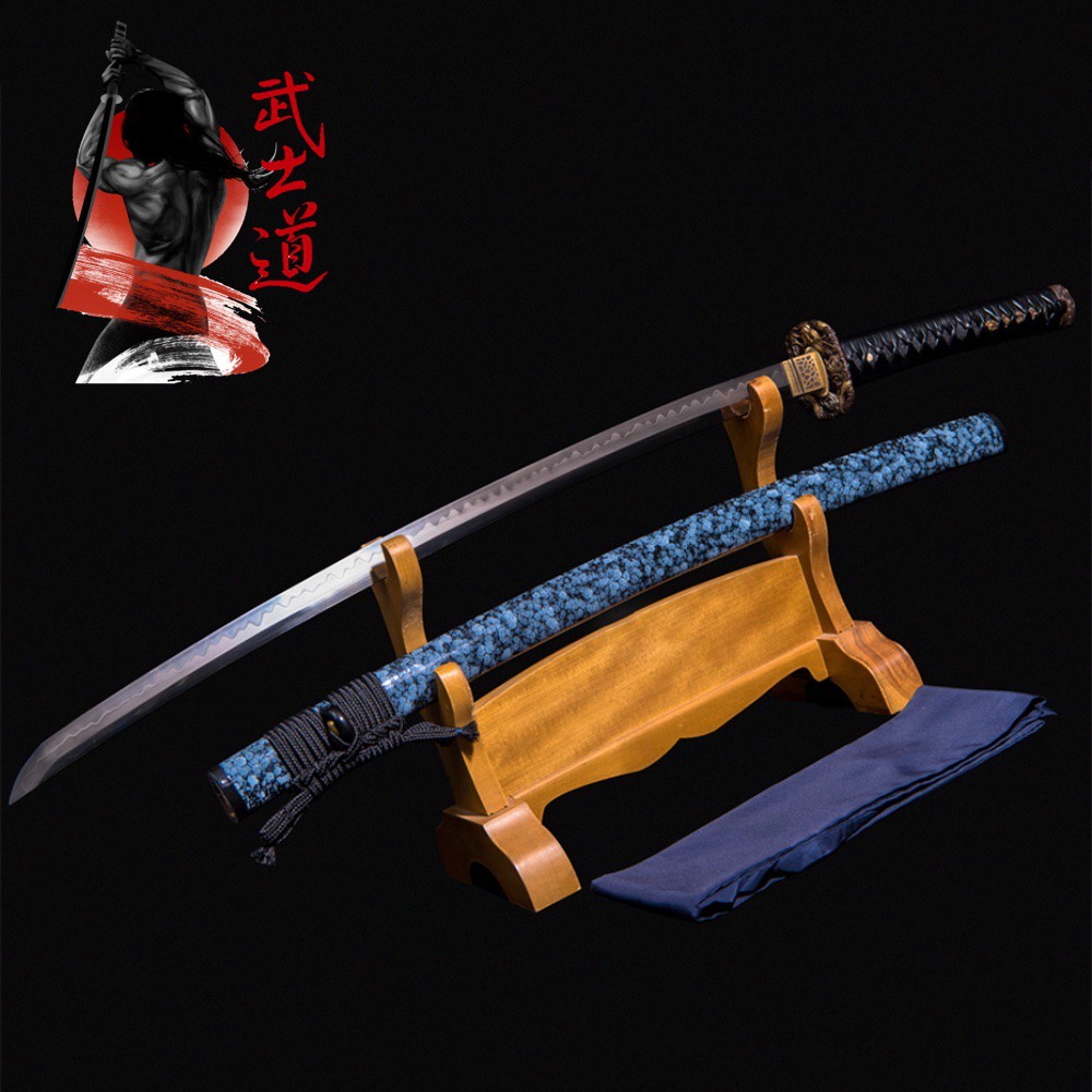 Black Samurai ดาบซามูไร คาตานะ T10 60HRC คม10 รุ่น Blue Dragon แต่งครบ กระเบนแท้