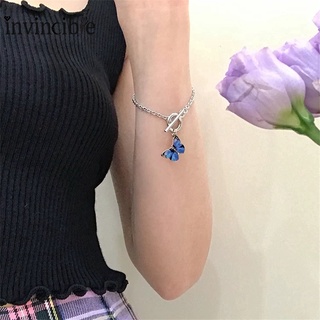 Fashion Alloy Blue Butterfly Pendant Bracelet/ Vintage Titanium Steel Chain Bracelets/ INS OT Buckle Butterfly Charm