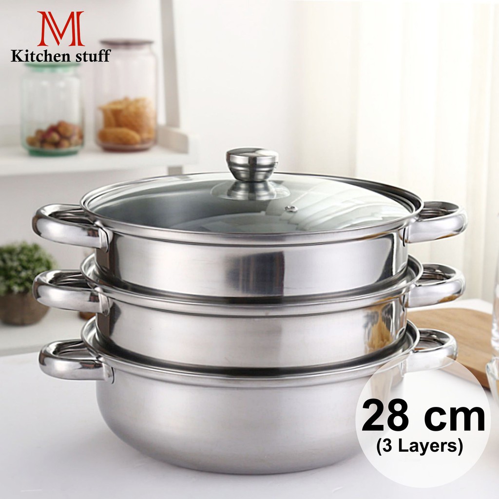 M KITCHEN NEW 2883 หม้อนึ่ง & หม้อสุกี้ ชาบู สแตนเลส 3 ชั้น ขนาด 28 ซม ซึ้งนึ่ง สามารถใช้กับเตาแม่เหล็กไฟฟ้า (B1)