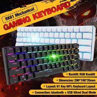 Rgb Royal Kludge Rk 61 แป้นพิมพ์เล่นเกมแบบใช้สายเชื่อมต่อบลูทูธ Dual Mode 60 % สีด ํา / ขาว