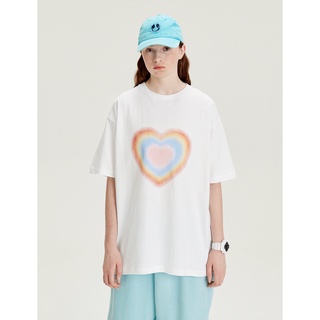 fubG เสื้อยืดแขนสั้น พิมพ์ลายหัวใจ สีรุ้ง เข้ากับทุกการแต่งกาย แฟชั่นฤดูร้อน สําหรับคู่รัก   ฮอต     est