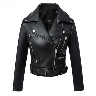 Preto Faux Mulheres Jaqueta De Couro Primavera Outono Curto Soft Pu Jaquetas De Couro Com Cinto Com Zíper Moto