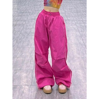 💥 ขายร้อน 💜 สตรีทฮิปฮอป Rose Pink Wide Pants กางเกงขายาวสำหรับผู้หญิงสำหรับฤดูร้อนเอวยางยืด