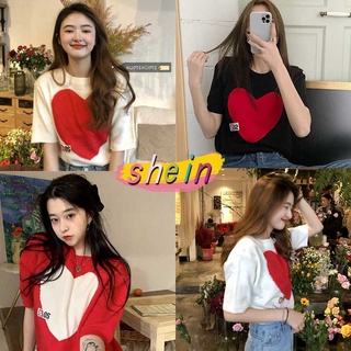 Shein 🔥พร้อมส่ง 🔥เสื้อยืด ผ้าไหมพรม เสื้อคริสมาสต์ผู้หญิง รูปหัวใจงานน่ารักมาก ทรงหลวมแขนเจ้าหญิง 9042