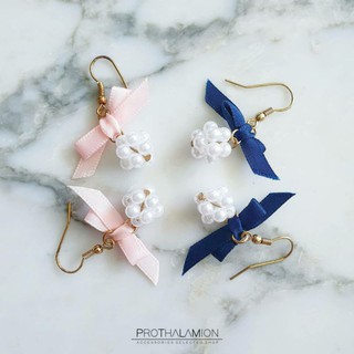 Korea Cute Pink Navy Ribbon with Pearl Earrings ต่างหู ตุ้มหู เกาหลี ประดับ โบว์ สี ชมพู น้ำเงิน มุก น่ารัก