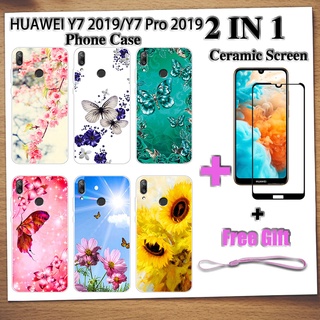 2 IN 1 HUAWEI Y7 2019 Y7 Pro 2019 เคสโทรศัพท์ พร้อมกระจกนิรภัยกันรอยหน้าจอเซรามิก ฟิล์มโค้ง ผีเสื้อ