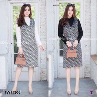TwinsShopVip💗พร้อมส่ง TW11306 Set #สาวอวบ เสื้อคอเต่าแขนยาว+เดรสกล้ามกำมะหยี่ลาย CD