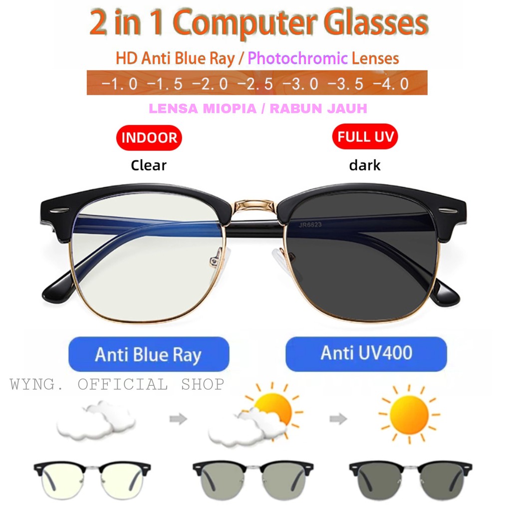 แว่นตา 2ใน1 0° - 500° Minus Anti Radiation Photochromic Hanging Frame Half Frame List1 Optik JIU9