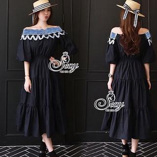 Sevy blue leouvard off shoulder dolly half sleeve maxi dress