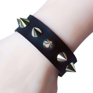 สร้อยข้อมือ กำไล ข้อมือ หนัง Punk Black Bracelet Silver Spike Rivet Cone Black Leather Cuff Wristband Adjustable