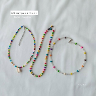 สร้อยคอลูกปัด ลูกปัดหลากสี Shells &amp; Wood ลูกปัดไม้ จี้รูปหอย Coloful Bead Necklace Tinypearlxoxo N1332