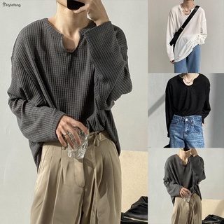 STYLEF-~Mens Solid Causal Long Sleeve Tops Oversized Pullover Basic T-Shirt Tee-【STYLEF-Fashion】