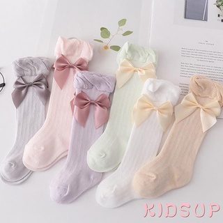 Kidsup- ถุงเท้าข้อยาว สีพื้น ระบายอากาศ ประดับโบว์ ขนาดใหญ่ สําหรับเด็กผู้หญิง เหมาะกับฤดูใบไม้ผลิ และฤดูใบไม้ร่วง